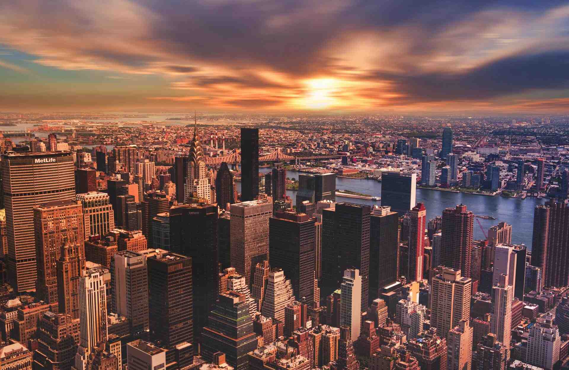 High angle view of New York against cloudy sky